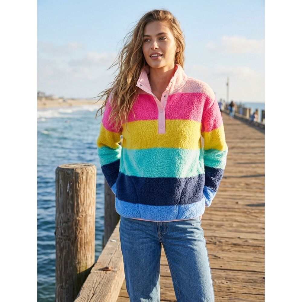 Crown & Ivy XL Rainbow Striped Fleece Pullover Snap High Neck Soft Cozy